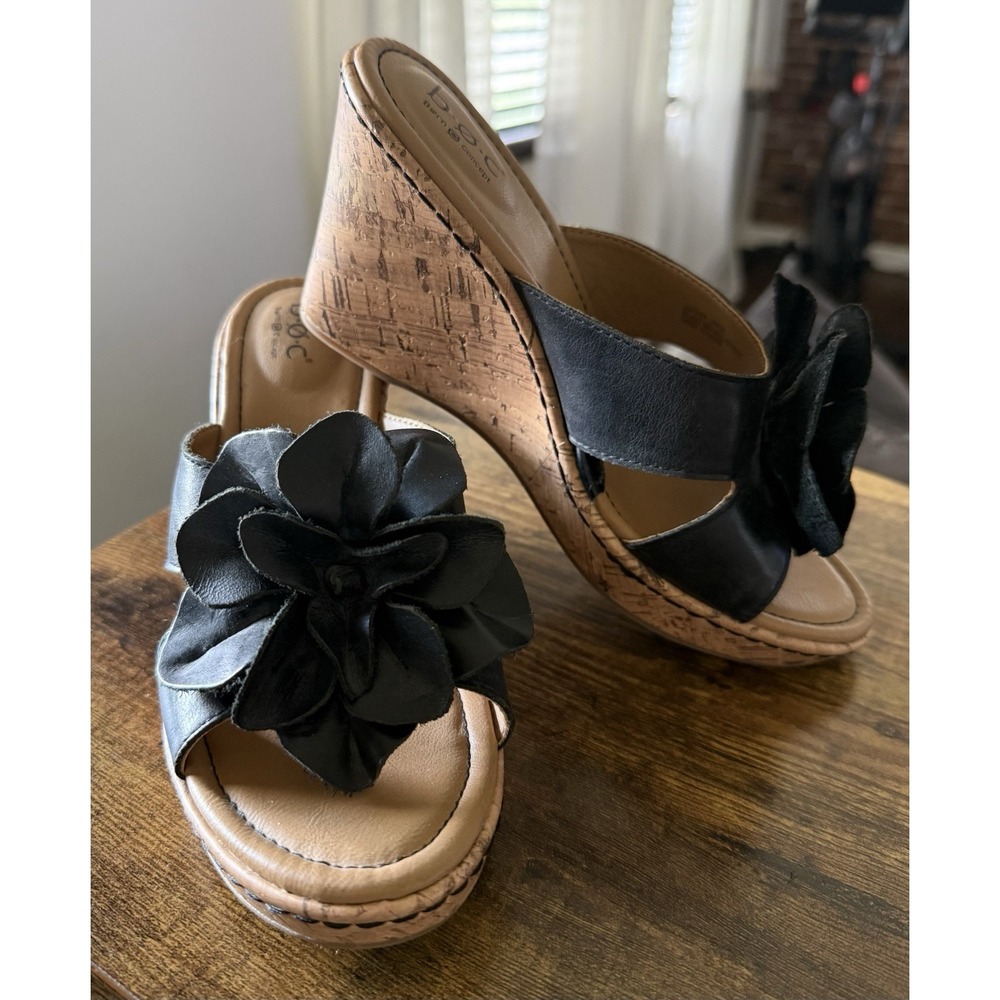 BOC Born Concept Sandals Womens 8M Cork Platform Wedge Black Leather Flower - Picture 2 of 7